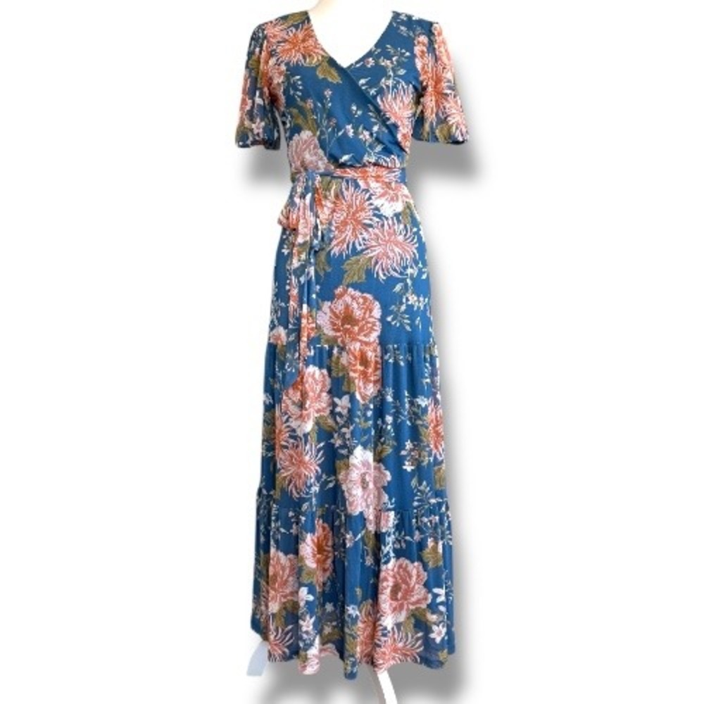 Harlow & Rose Blue Floral Maxi‎ Dress Wrap V Neck Short Sleeve Summer S